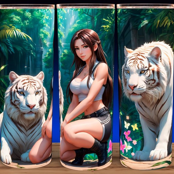 Final Fantasy 7 Tifa Lockhart with White Tigers Gamer Cup Mug Tumbler - Picture 1 of 3